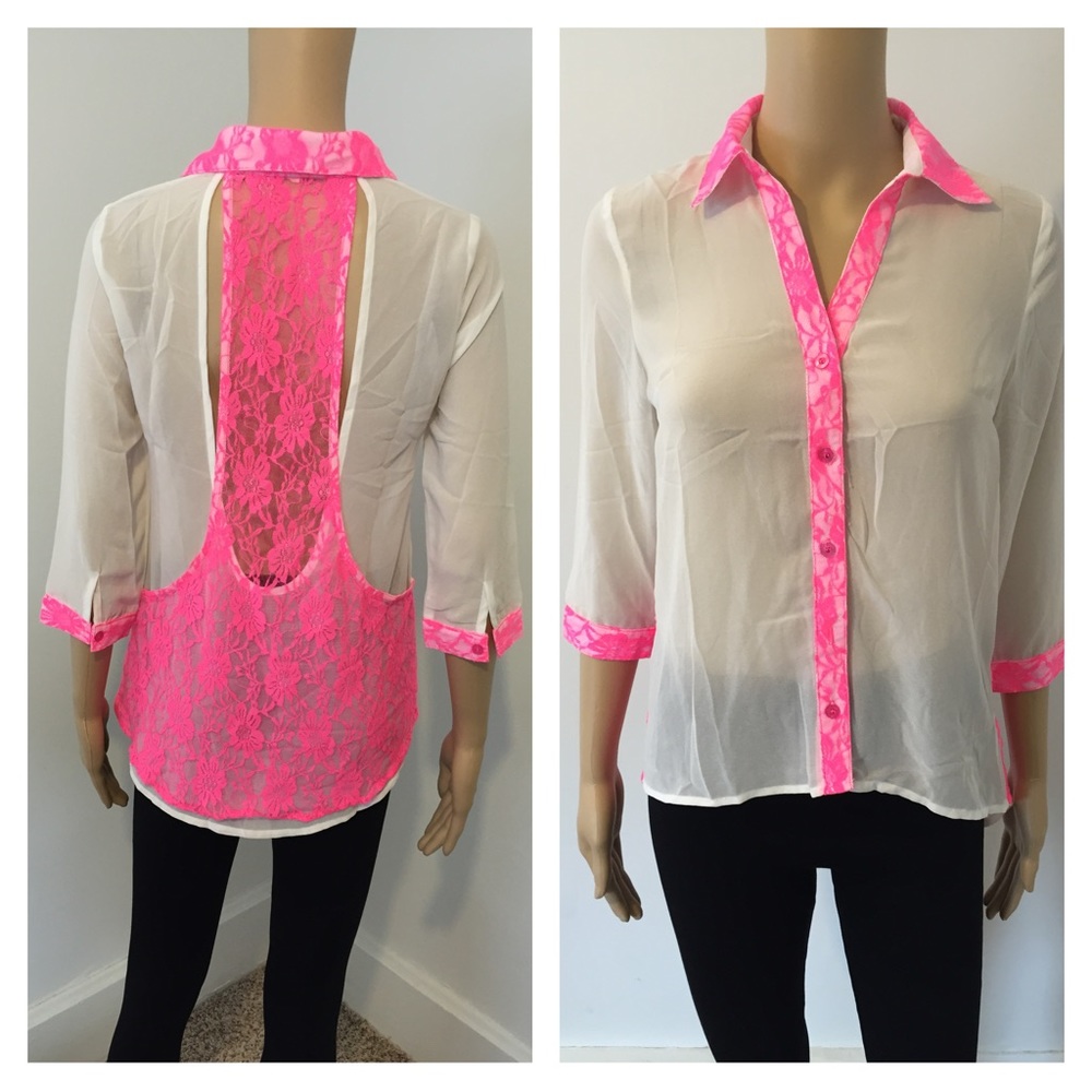 Small NWT white neon pink top